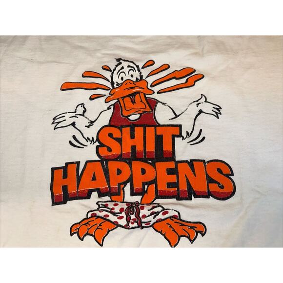 VINTAGE 1980s DUCK “SH*T HAPPENS” TOPHALF SINGLE STITCH POCKET T-SHIRT (Size:XL) - Picture 2 of 6